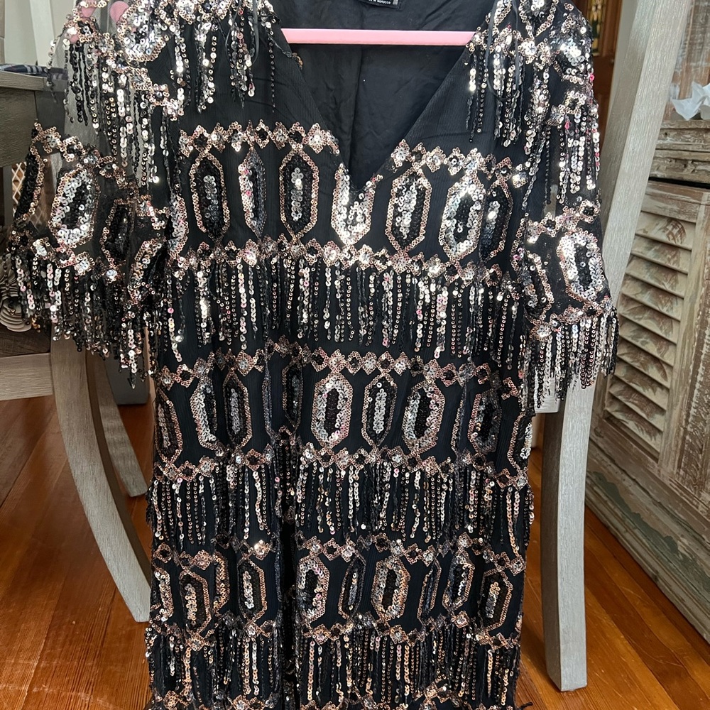 Zara Sequin Fringe Black Dress